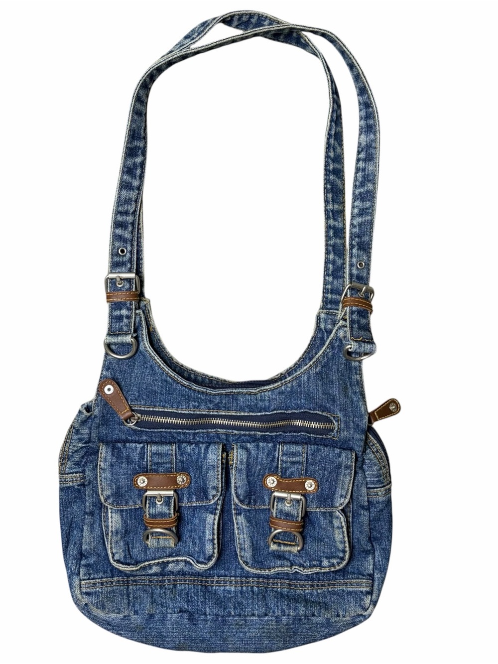 VTG Y2K Denim Purse Cargo Pockets Grunge Leather Accents